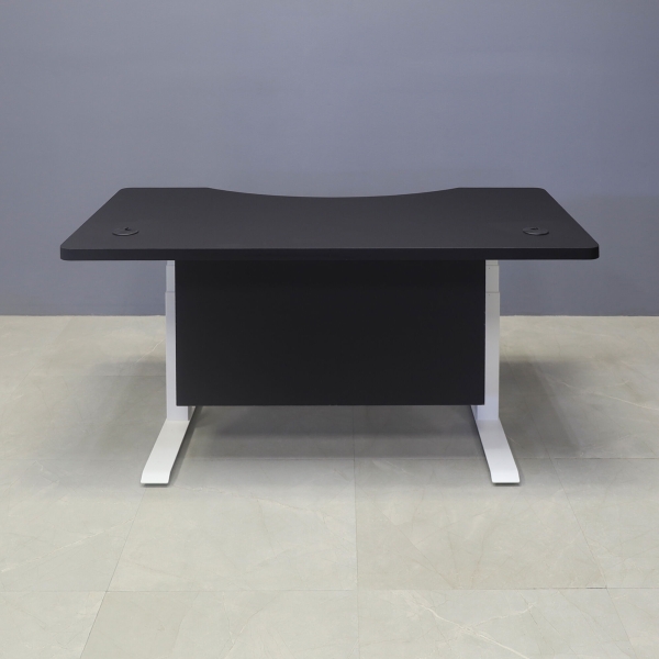 60-inch aXis Sit-stand Executive Desk with black traceless laminate top & privacy panel, and white metal legs, shown here.