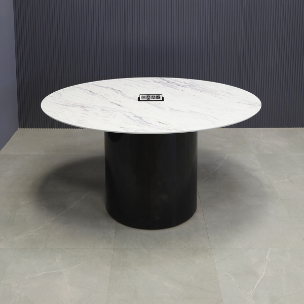 60-inch Aurora Oval Conference Table in 1/2-inch calcutta blanc engineered surface top, black gloss laminate base, and black power box.