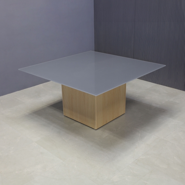 60-inch Omaha Square Conference Table in 1/2-inch dark gray tempered glass top, and maple tambour base.