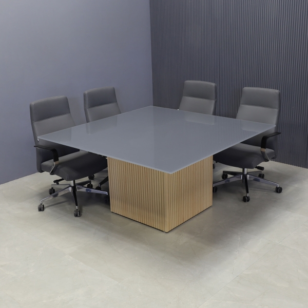 60-inch Omaha Square Conference Table in 1/2-inch dark gray tempered glass top, and maple tambour base.