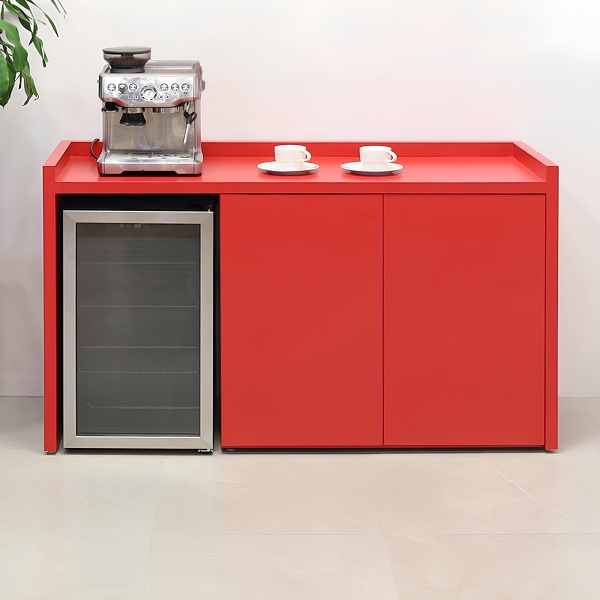 60-inch Avenue Beverage Server Station with fridge on the left side, in classic red matte laminate station, and doors.