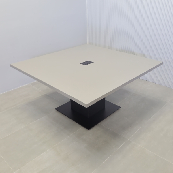 60-inch California X2 Square Conference Table in fog gray matte laminate, black traceless laminate, and black stainless steel base, with black MX2 power box.