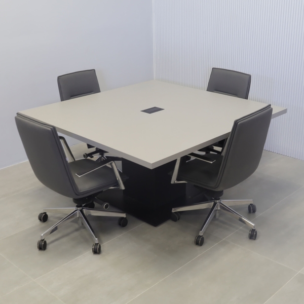 60-inch California X2 Square Conference Table in fog gray matte laminate, black traceless laminate, and black stainless steel base, with black MX2 power box.