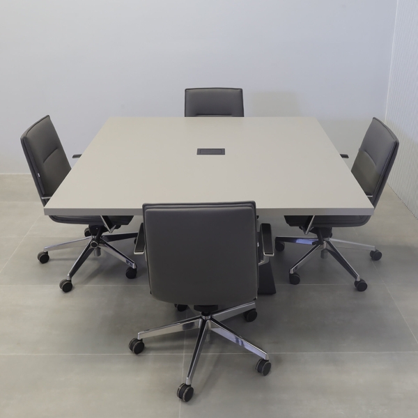 60-inch California X2 Round Conference Table With Laminate Top in fog gray matte laminate, black traceless laminate pedestal, black stainless steel base, and black MX2 power box.