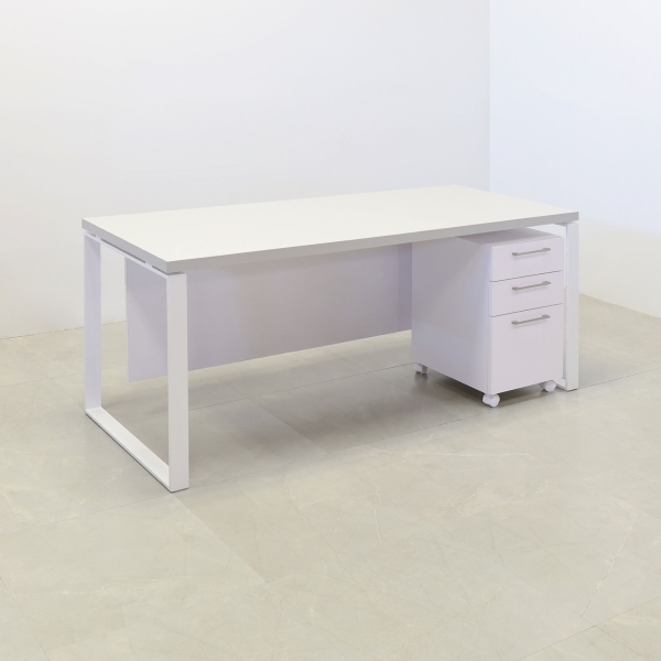 60-inch Aspen Straight Executive Desk with Laminate Top in folkstone gray matte laminate, white matte laminate privacy panel and white metal legs.