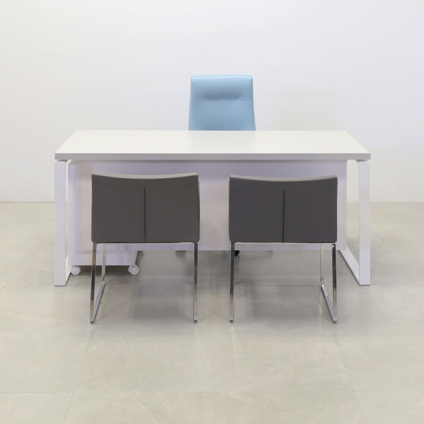 60-inch Aspen Straight Executive Desk with Laminate Top in folkstone gray matte laminate, white matte laminate privacy panel and white metal legs.