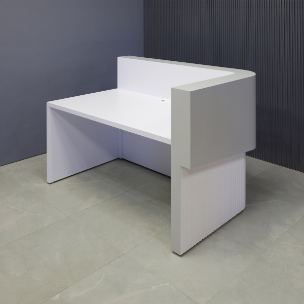 60-inch Nola L-Shape Curved Custom Reception Desk in folkstone gray matte laminate counter, white matte tambour fornt desk and white matte laminate workspace, with white LED, shown here.