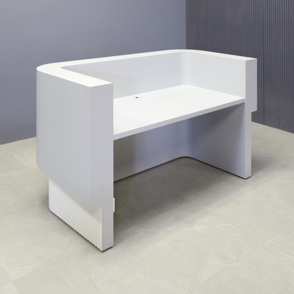 60-inch Nola Curved Reception Desk in folkstone gray matte laminate counter & inside desk, white tambour outside desk, and warm white LED.