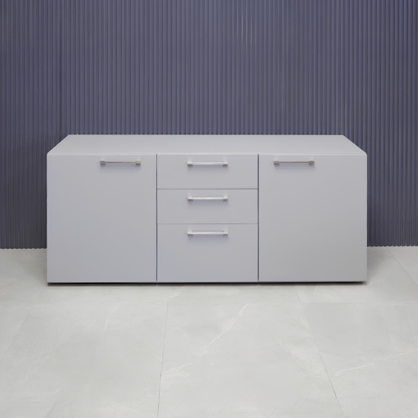 60-inch Naples Custom Storage Credenza in folkstone gray matte laminate credenza, and front drawers & doors.