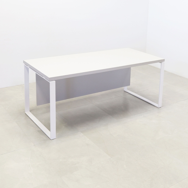 60-inch Aspen Straight Executive Desk with Laminate Top and privacy panel in folkstone gray matte laminate, and white metal legs.