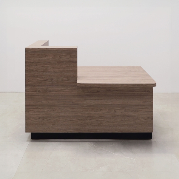 60-inch Dallas ADA Compliant Counter Custom Reception Desk, l-shape counter & desk on the left side when facing front in hazel walnut matte laminate & workspace, and black traceless laminate toe-kick.