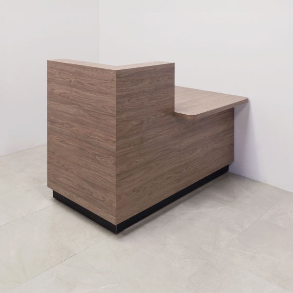 60-inch Dallas ADA Compliant Counter Custom Reception Desk, l-shape counter & desk on the left side when facing front in hazel walnut matte laminate & workspace, and black traceless laminate toe-kick.