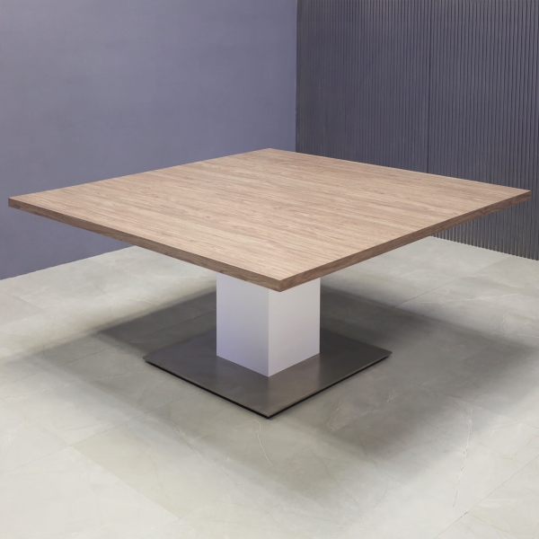 60-inch California X2 Round Conference Table With Laminate Top in hazel walnut matte laminate, dover off-white matte laminate pedestal, and silver stainless steel base.