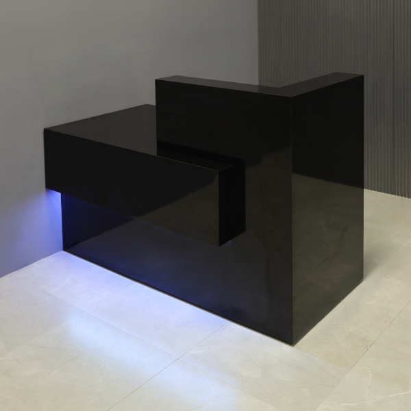 60-inch Atlanta Custom Reception Desk with the countertop & base on the right side when facing front, all covered in black gloss laminate, and color changing LED.