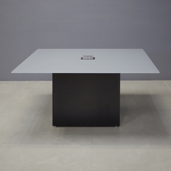 60-inch Omaha Rectangular Conference Table In 1/2-inch medium gray tempered glass top, black matte laminate base, and one black MX2 power box.