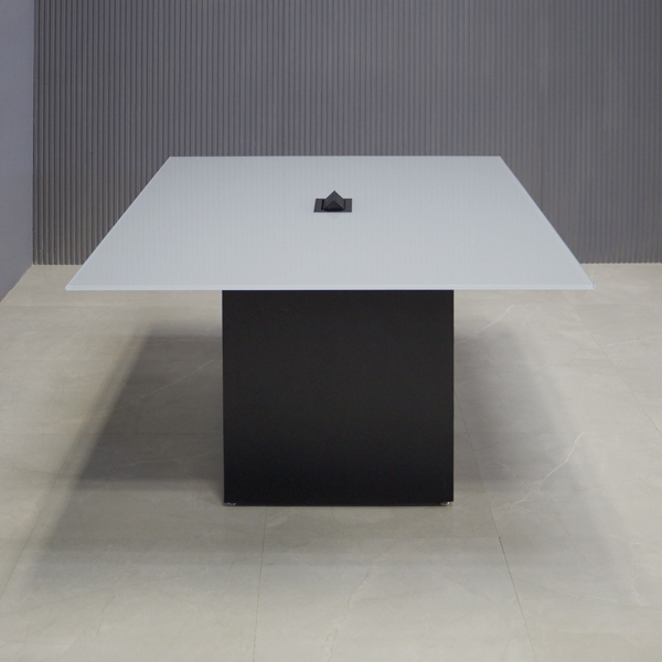 60-inch Omaha Rectangular Conference Table In 1/2-inch medium gray tempered glass top, black matte laminate base, and one black MX2 power box.