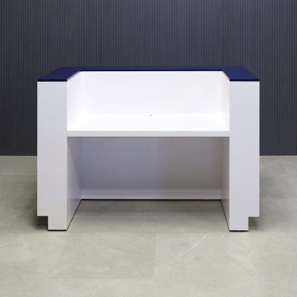 60-inch Manhattan U-Shape Custom Reception Desk in navy blue matte accent panel & top counter, white matte laminate main desk, and brushed aluminum toe-kick, shown here.