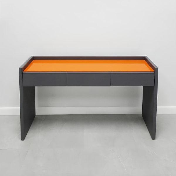 60-inch Avenue Console Table in 1/2-inch orange tempered glass top, and gray laminate console.