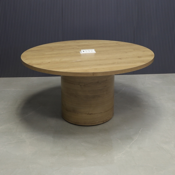 60-inch Newton Round Conference Table in planked urban oak matte laminate top & base, and white power box.