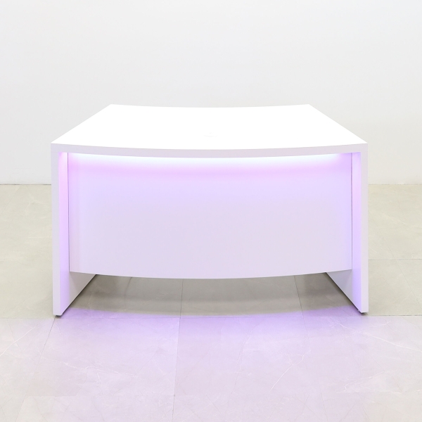 60-inch Seattle Curved Executive Desk in white matte laminate main desk & front panel, with color LED, shown here.