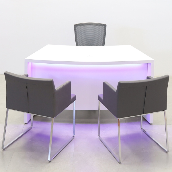 60-inch Seattle Curved Executive Desk in white matte laminate main desk & front panel, with color LED, shown here.