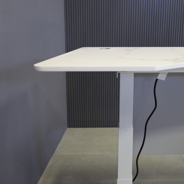 60-inch aXis Sit-stand Executive Desk in 1/2-inch solenne marble engineered surface top, folkstone matte laminate privacy panel and white metal base finish.