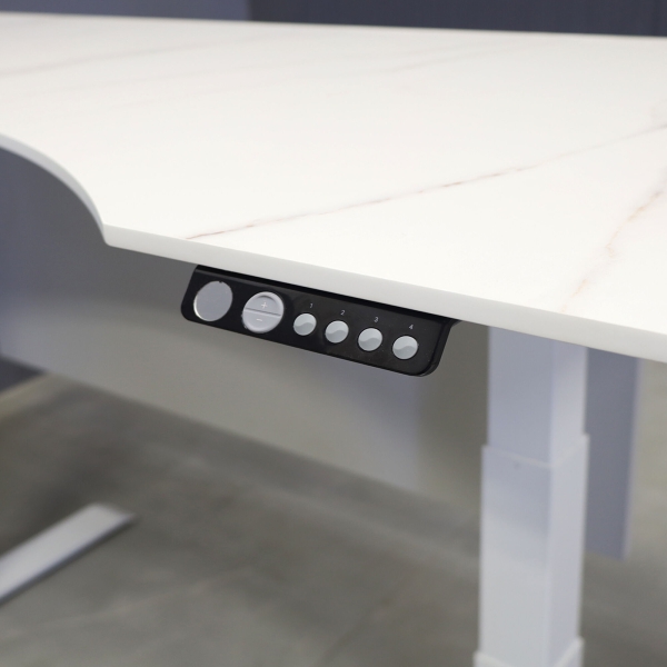 60-inch aXis Sit-stand Executive Desk in 1/2-inch solenne marble engineered surface top, folkstone matte laminate privacy panel and white metal base finish.