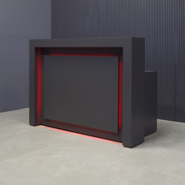 60-inch New York Straight Shape Custom Reception Desk in storm gray matte laminate main desk, front panel, and accent recessed, with multi-colored LED, shown here.