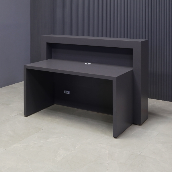 60-inch New York Straight Shape Custom Reception Desk in storm gray matte laminate main desk, front panel, and accent recessed, with multi-colored LED, shown here.