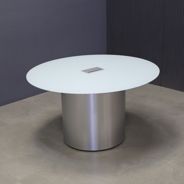 60-inch Omaha Round Conference Table in 1/2-inch white tempered glass top, and brushed aluminum base, with silver MX3 power box.