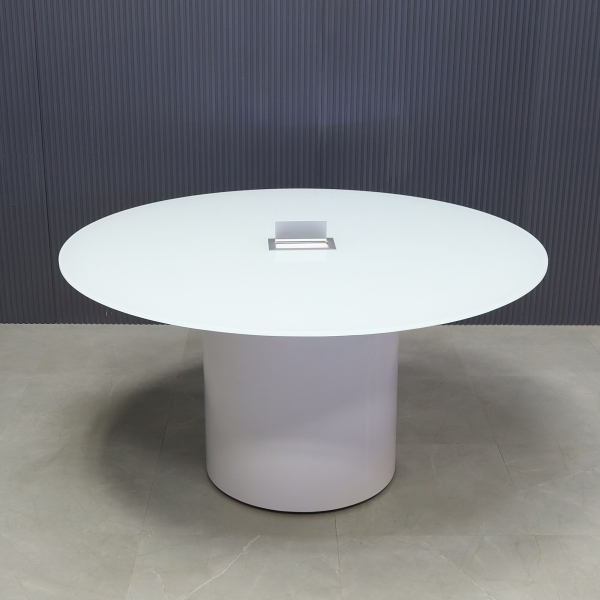 60-inch Omaha Round Conference Table in 1/2-inch white tempered glass top and white gloss laminate base, with silver MX3 power box.