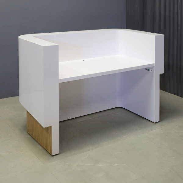 60-inch Nola Curved Custom Reception Desk in white matte laminate counter & inside desk, white oak tambour front desk, and warm white LED.