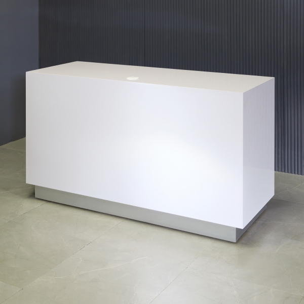 60-inch Houston Retail Custom Reception Desk in white gloss laminate main desk and brushed aluminum toe-kick.