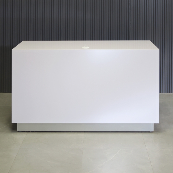 60-inch Houston Retail Custom Reception Desk in white gloss laminate main desk and brushed aluminum toe-kick.