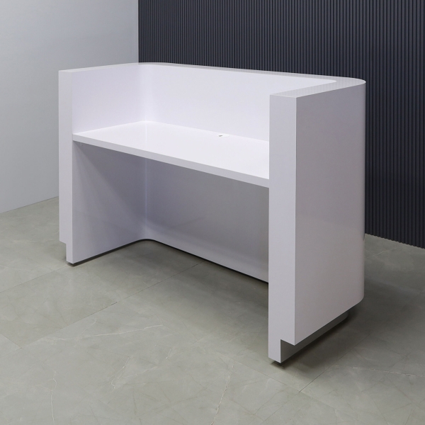 60-inch Nola Reception Desk in white gloss laminate main desk, brushed aluminum toe-kick, and color changing LED.