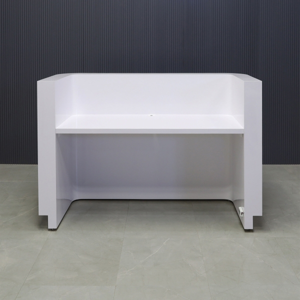 60-inch Nola Reception Desk in white gloss laminate main desk, brushed aluminum toe-kick, and color changing LED.