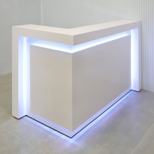60-inch New York L-Shape Reception Desk in white gloss laminate main desk, front panel, and accent recessed, with color changing LED.