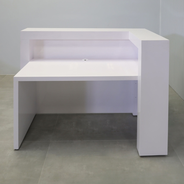 60-inch New York L-Shape Reception Desk in white gloss laminate main desk, front panel, and accent recessed, with color changing LED.