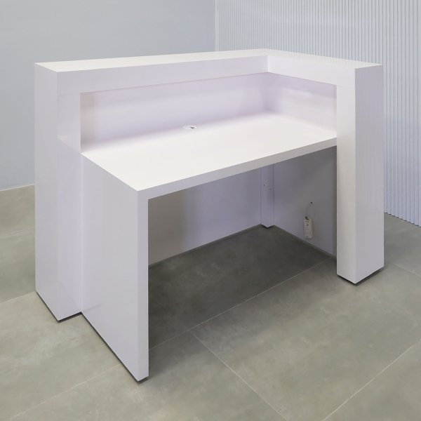 60-inch New York L-Shape Reception Desk in white gloss laminate main desk, front panel, and accent recessed, with color changing LED.