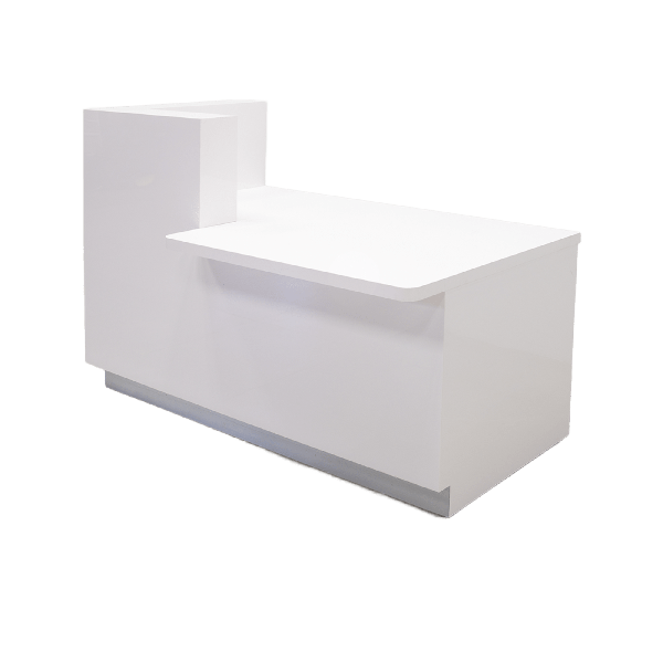 60-inch Dallas ADA Compliant Counter Custom Reception Desk, l-shape counter & desk on the left side when facing front in white matte laminate & workspace, and brushed aluminum toe-kick.