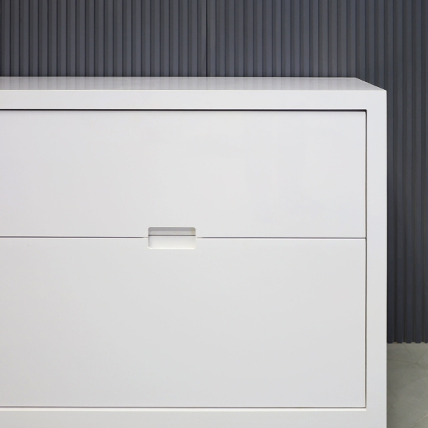 60-inch Seattle storage credenza in white gloss laminate credenza & front drawers.