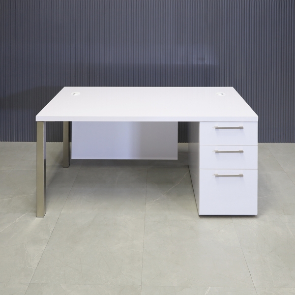 60-inch Dallas Straight Executive Desk with cabinet in white gloss laminate, shown here.