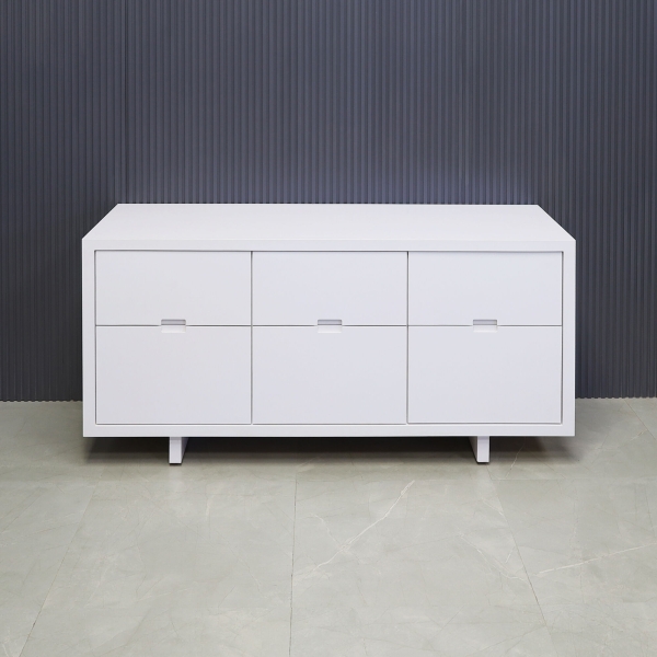 60-inch Seattle storage credenza in white gloss laminate credenza & front drawers.