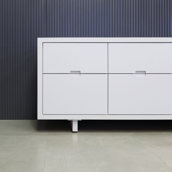 60-inch Seattle storage credenza in white gloss laminate credenza & front drawers.