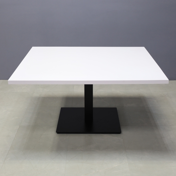 60-inch California Square Conference Table with Laminate Top in white matte and black stainless steel base.