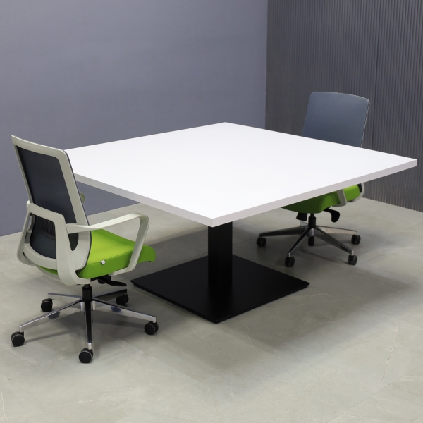 60-inch California Square Conference Table with Laminate Top in white matte and black stainless steel base.