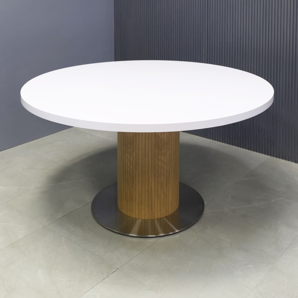 60-inch California X2 Round Conference Table With Laminate Top in white matte laminate, white oak tambour pedestal, and silver stainless steel base.