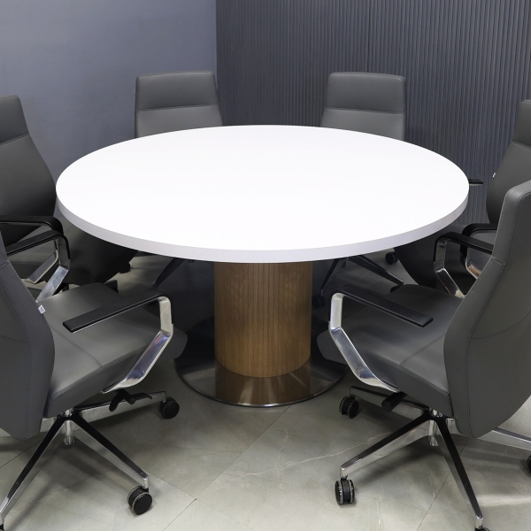 60-inch California X2 Round Conference Table With Laminate Top in white matte laminate, white oak tambour pedestal, and silver stainless steel base.