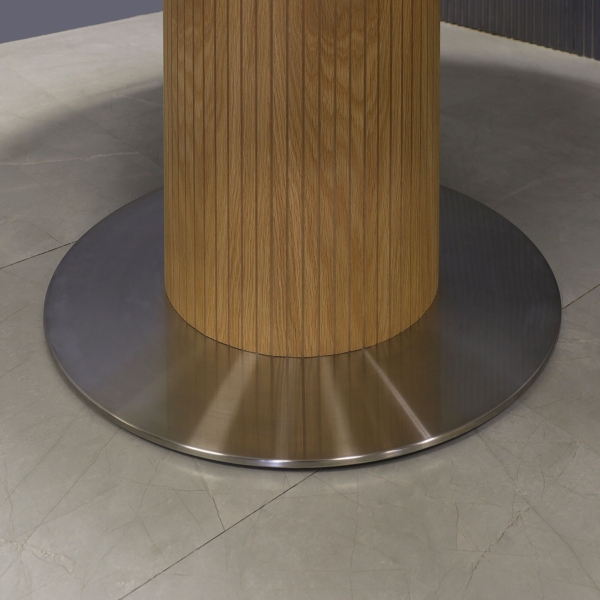 60-inch California X2 Round Conference Table With Laminate Top in white matte laminate, white oak tambour pedestal, and silver stainless steel base.