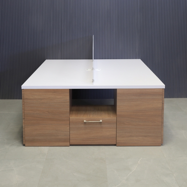 60x60-inches Dallas Workstation With Storage in white matte laminate top, uptown walnut matte laminate storages, 1/4-inch frosted acrylic partition,  and white special legs.